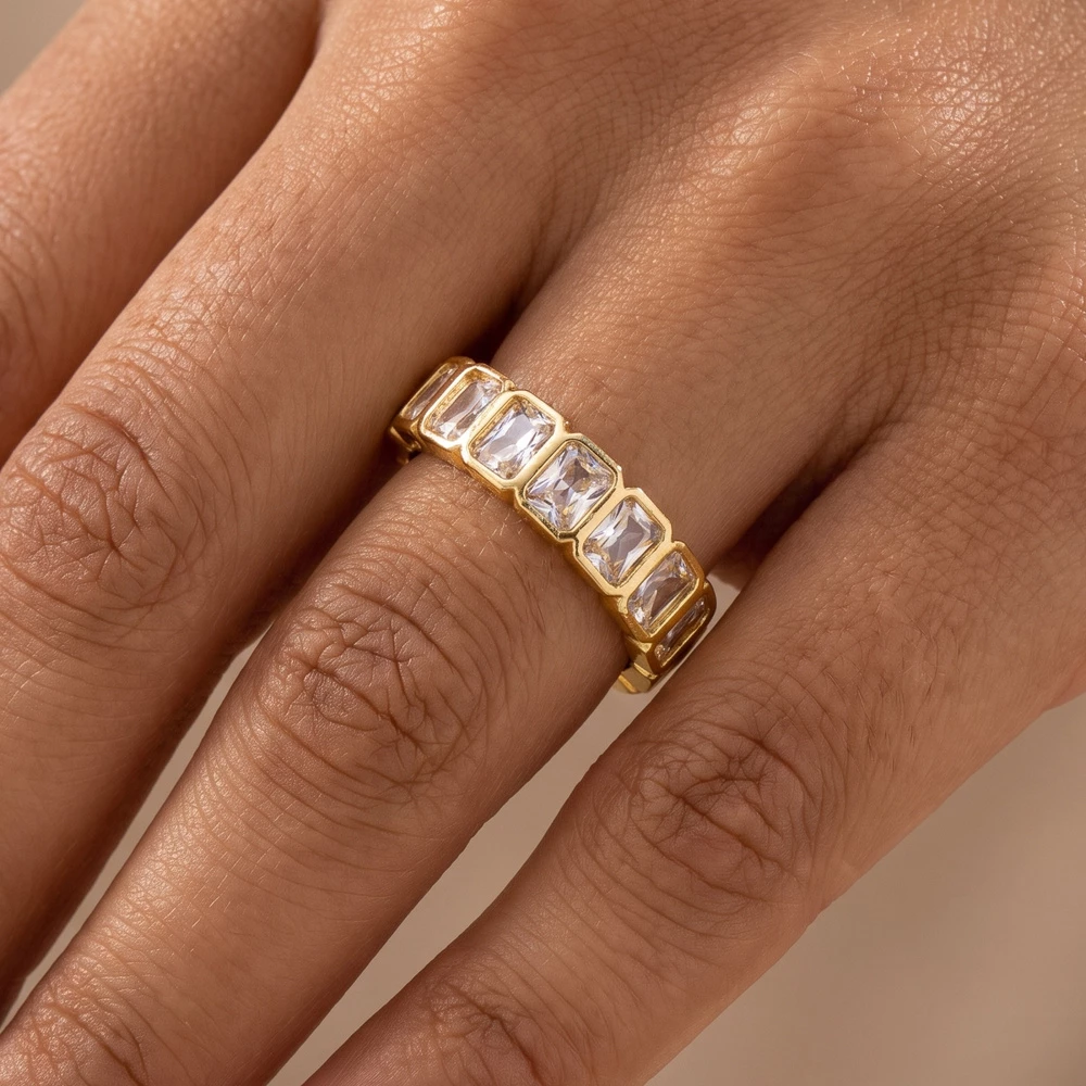 Emerald Cut Cz Bezel Eternity Band Ring