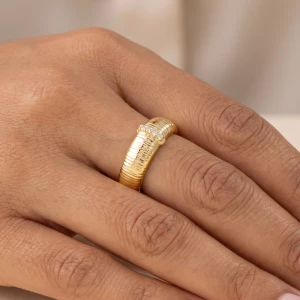 Ribbed Texture Dome Band Ring With Cz Bar