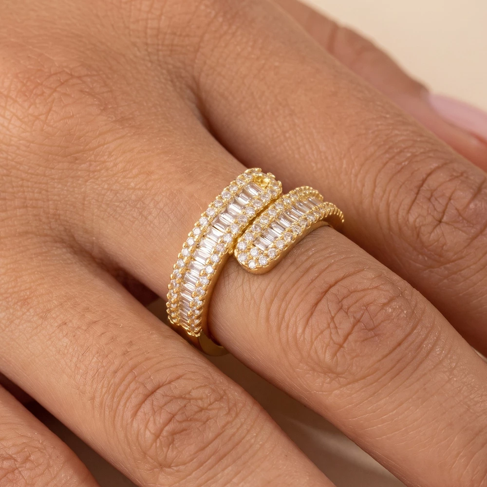 Baguette And Round Cz Bypass Wrap Ring