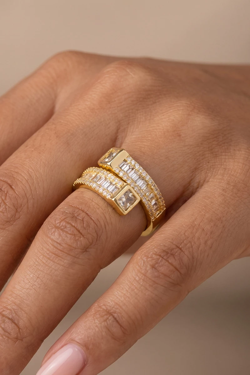 Bezel Cz Bypass Wrap Ring With Baguettes
