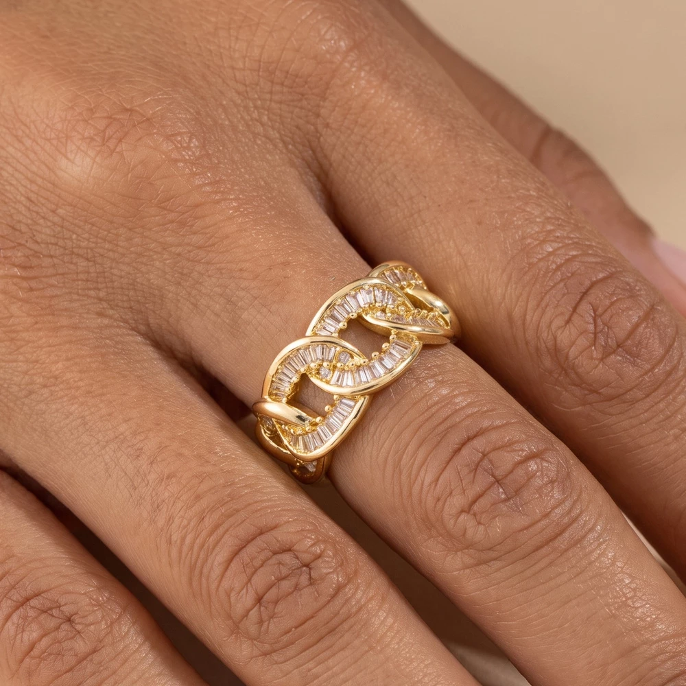 Baguette Cz Chunky Curb Chain Link Ring