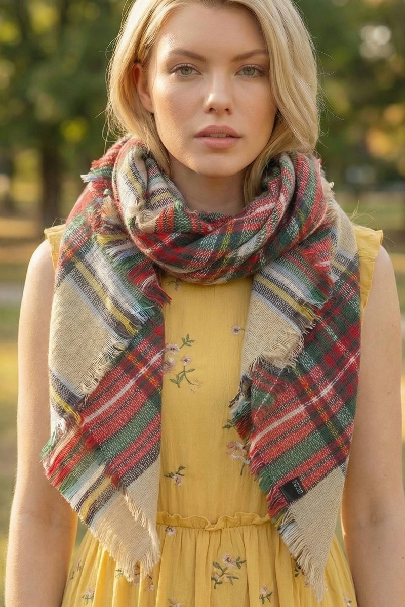Beige Plaid Oblong Scarf