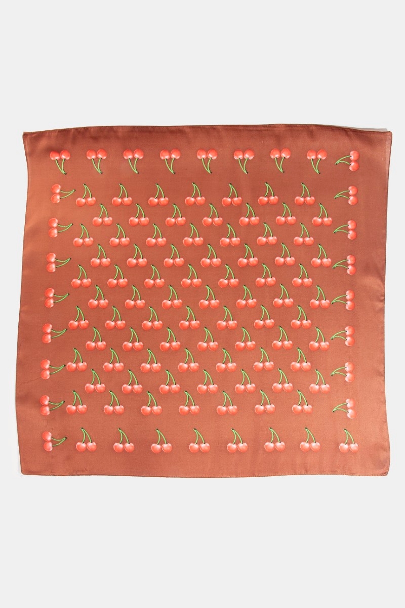 Cherry Print Brown Square Bandana Scarf
