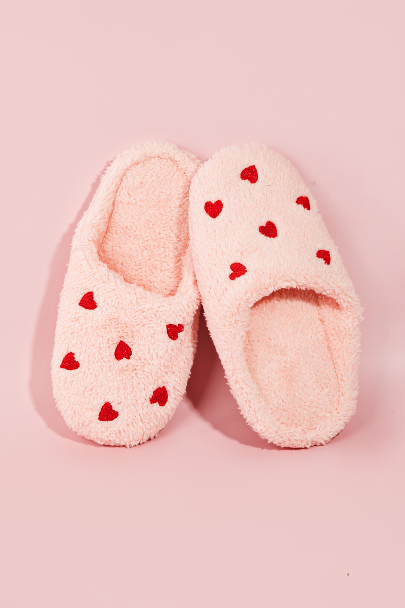 Love Heart Print Faux Fur Slippers