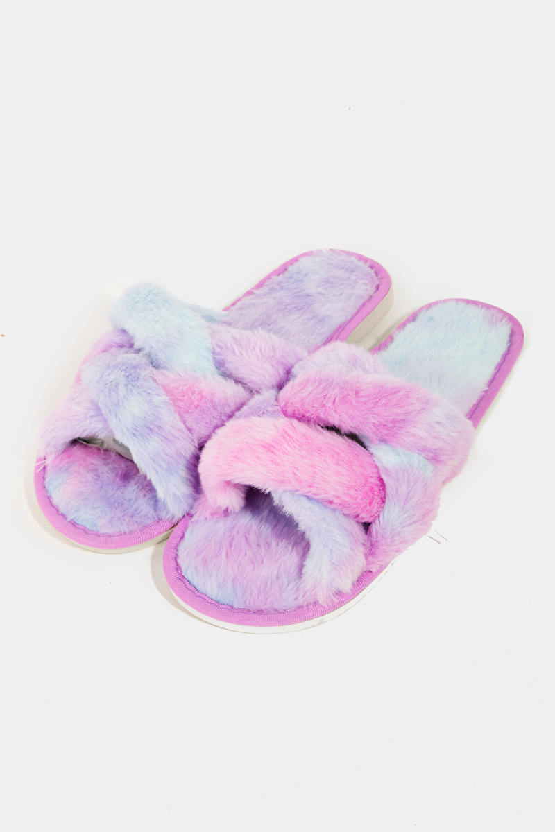Open Toe Cross Band Fur Slippers