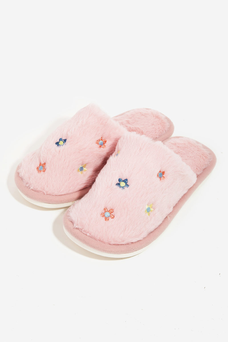 Flower Print Faux Fur Slippers