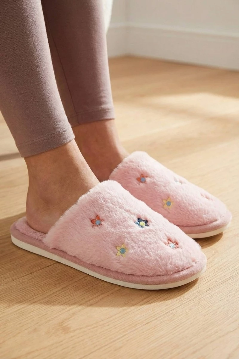 Flower Print Faux Fur Slippers