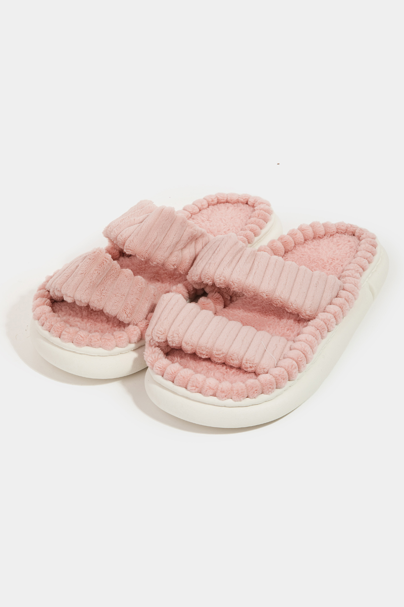Ribbed Plush Double Strap Slippers