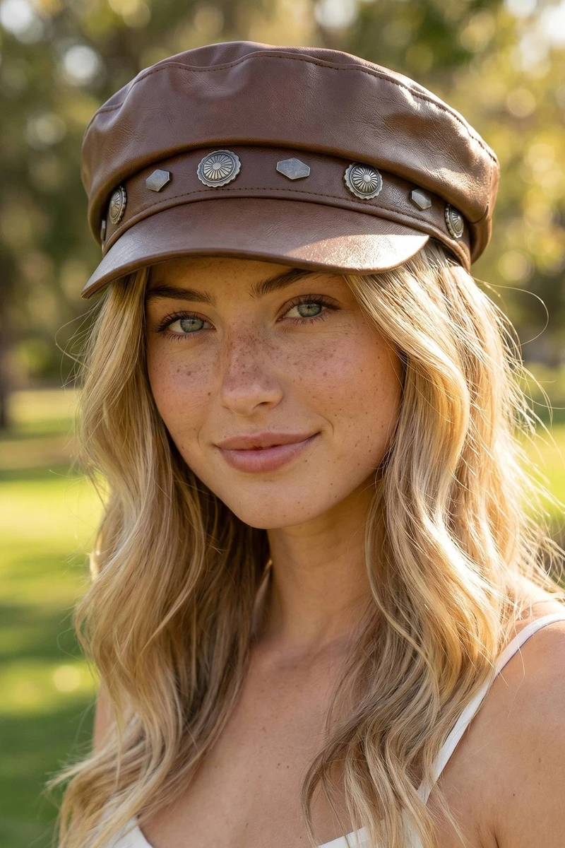 Vegan Leather Concho Newsboy Cabbie Hat