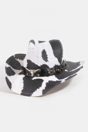Western Cow Print Bull Head Strap Cowboy Hat