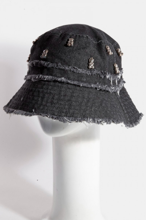 Frayed Denim Trim Teddy Bear Charms Bucket Hat