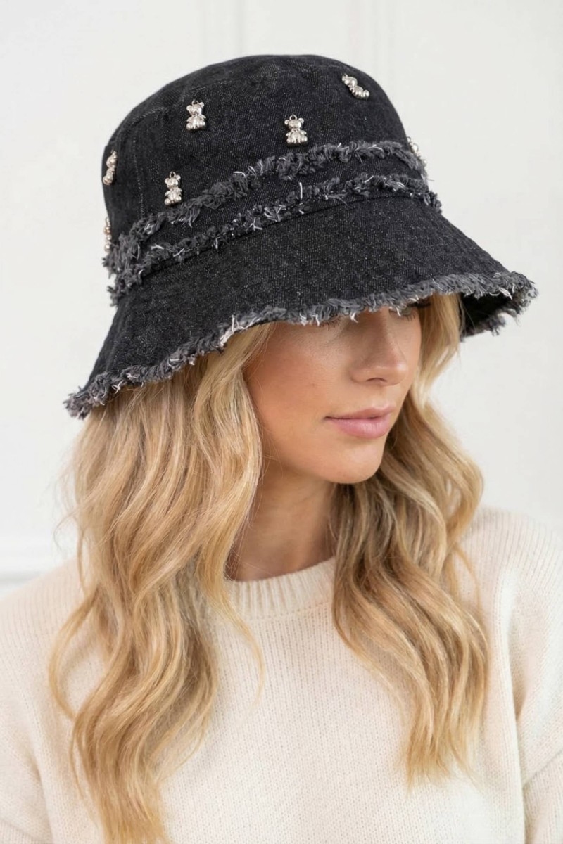 Frayed Denim Trim Teddy Bear Charms Bucket Hat