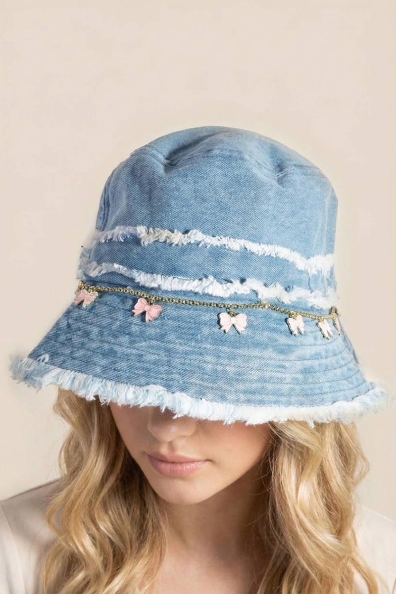 Frayed Denim Trim Ribbon Bow Charms Bucket Hat