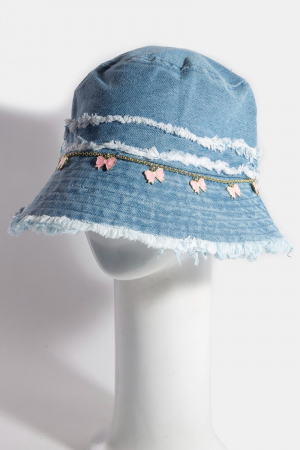 Frayed Denim Trim Ribbon Bow Charms Bucket Hat