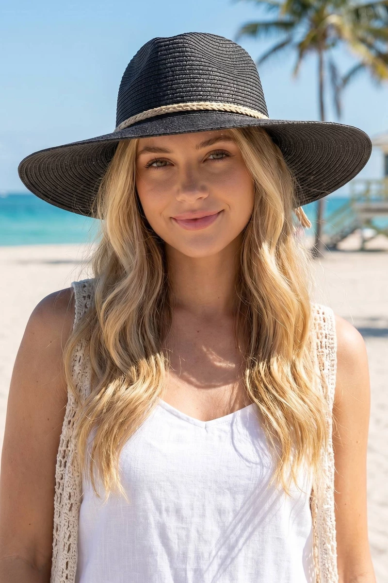 Black Wide Brim Straw Fedora Hat With Rope Band