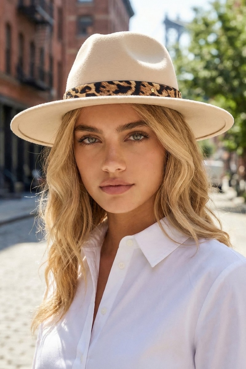 Leopard Strap Flat Brim Fedora Hat