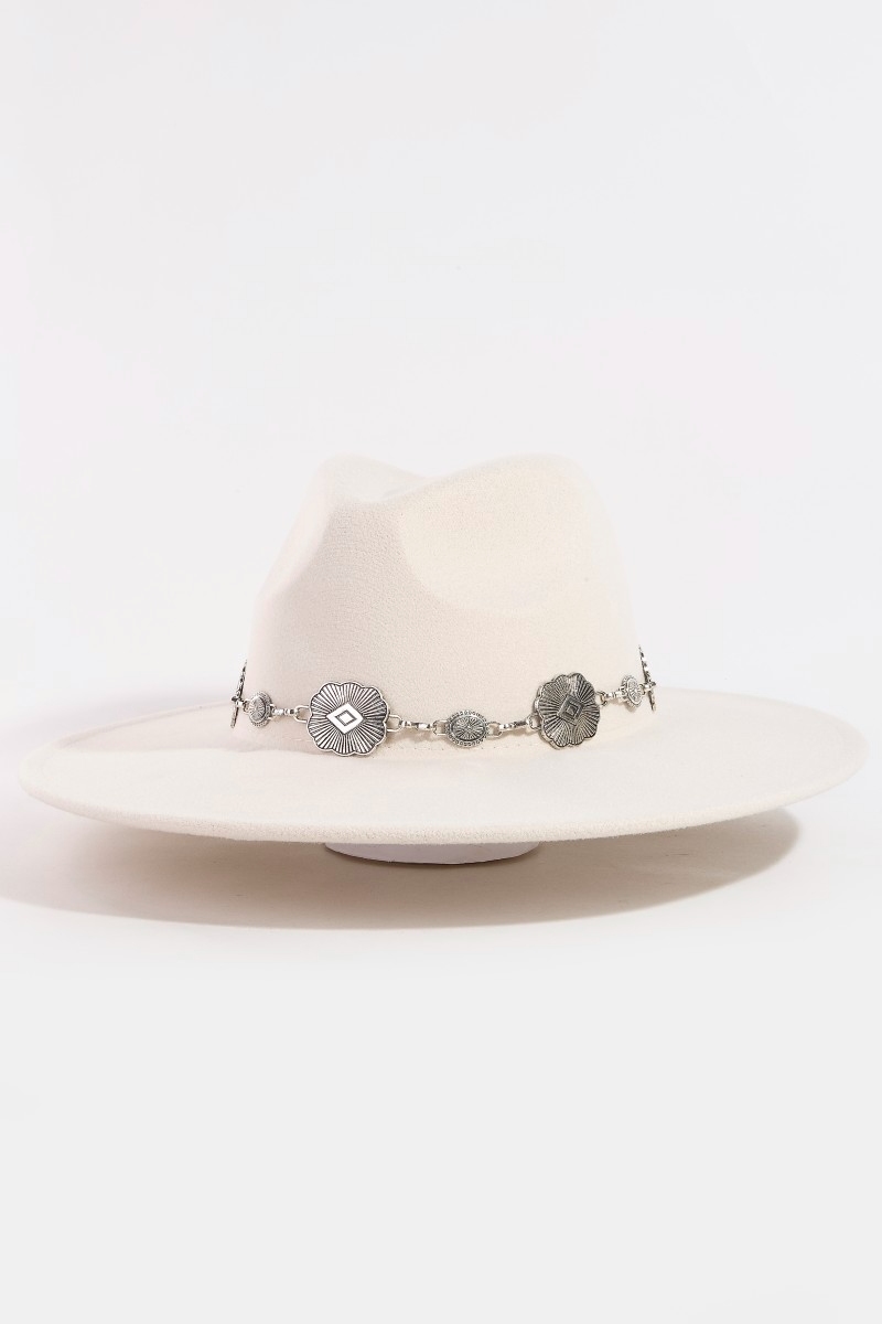 Concho Chain Strap Flat Brim Fedora Fashion Hat