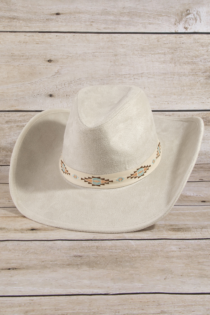 Suede Aztec Band Wide Brim Cowboy Hat