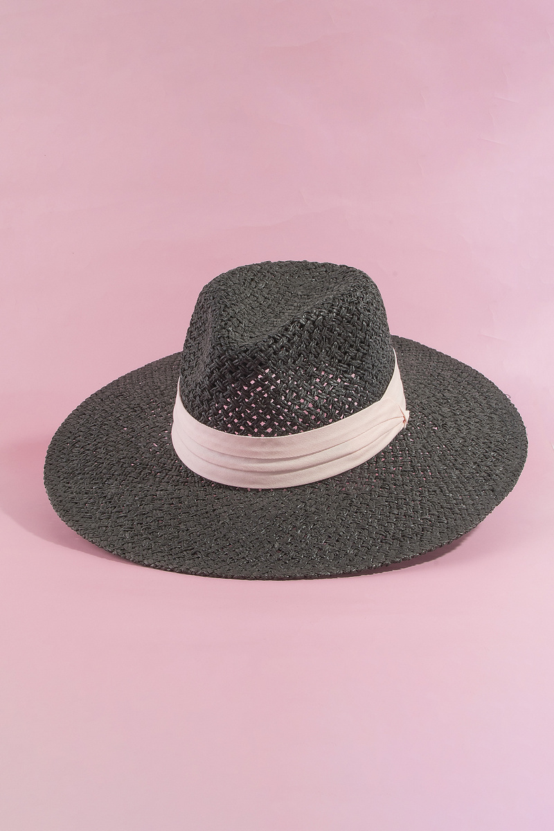 Open Weave Sash Band Wide Brim Fedora Straw Hat