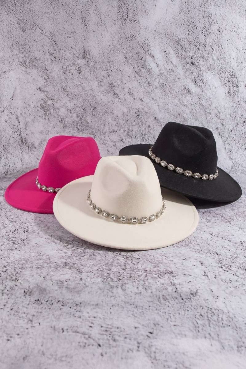 Crystal Rhinestone Strap Fedora Hat