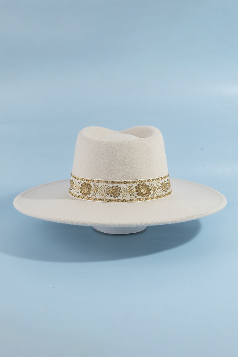 Wide Brim Felt Fedora With Gold Brocade Band