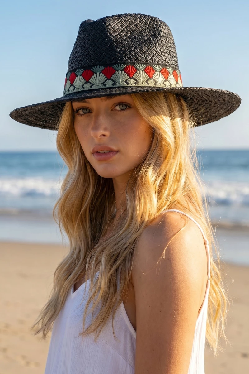 Straw Fedora With Embroidered Fan Motif Band
