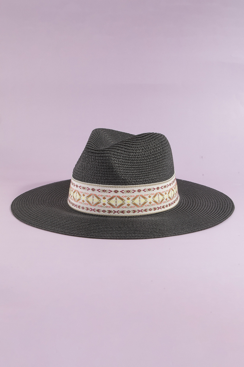 Wide Brim Straw Hat With Boho Ribbon Band