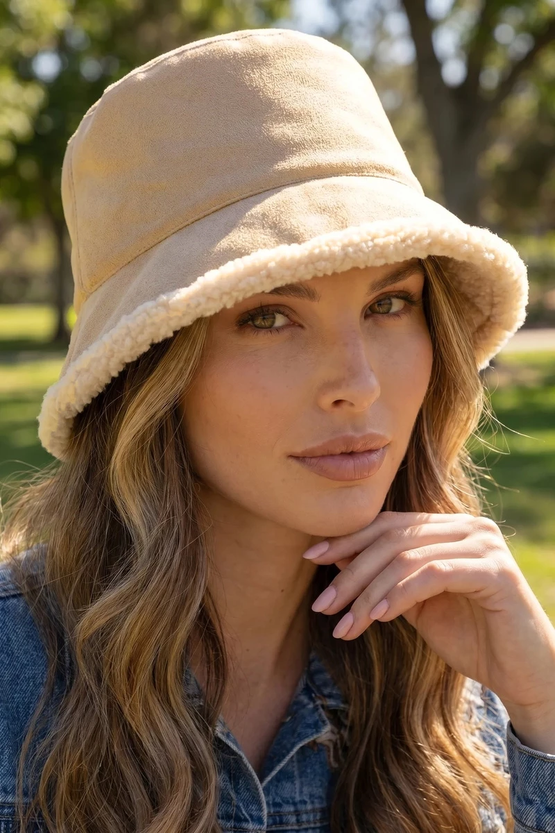 Sherpa Trim Vegan Suede Bucket Hat