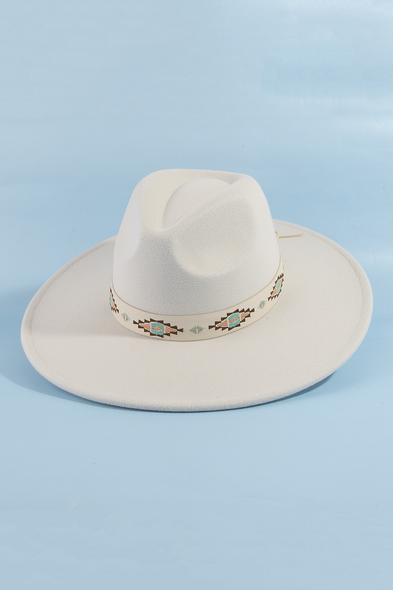 Wide Brim Felt Fedora With Tribal Ribbon Band