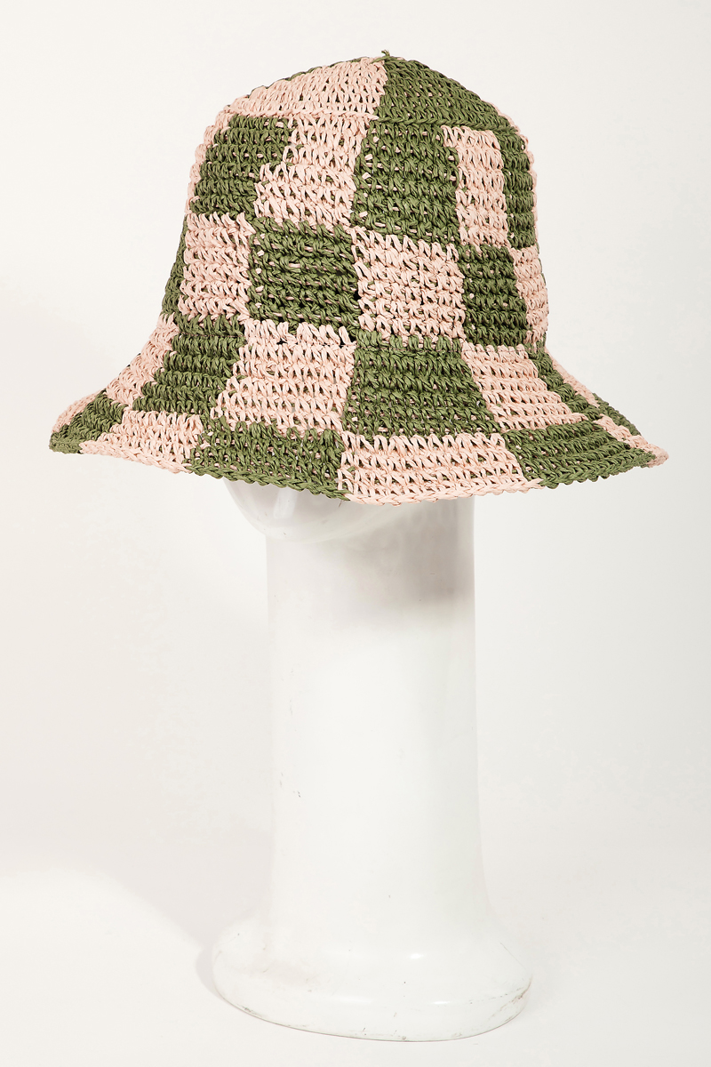 Straw Braided Checkered Bucket Hat