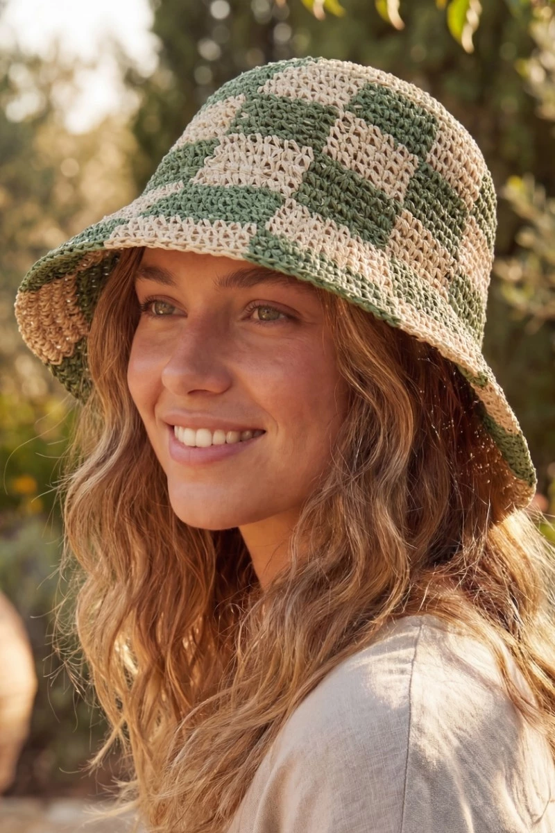 Straw Braided Checkered Bucket Hat