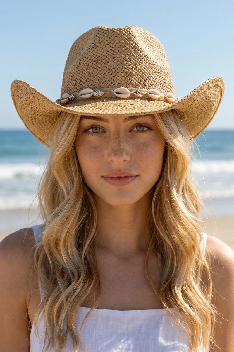 Paper Straw Cowboy Hat With Cowrie Shell Band