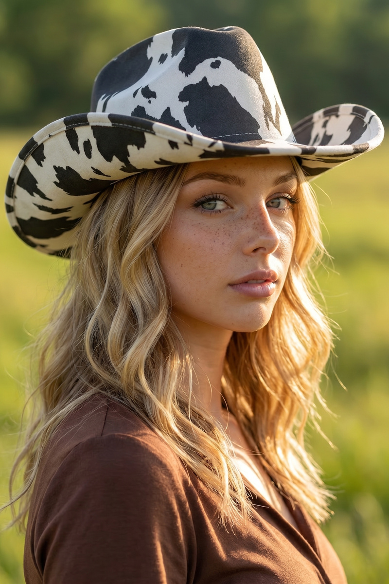 Faux Suede Cow Print Western Cowboy Hat