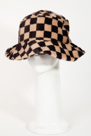 Checkered Print Fur Bucket Hat