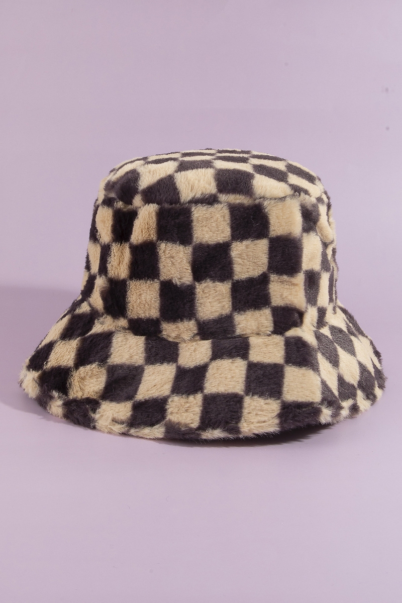Plush Faux Fur Checkered Bucket Hat
