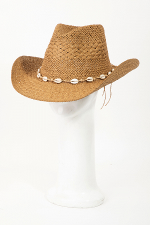 Straw Braid Cowrie Shell Strap Cowboy Hat