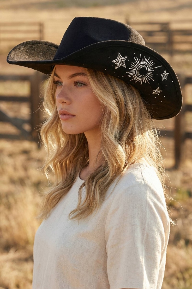 Rhinestone Moon And Star Embroidered Cowboy Hat