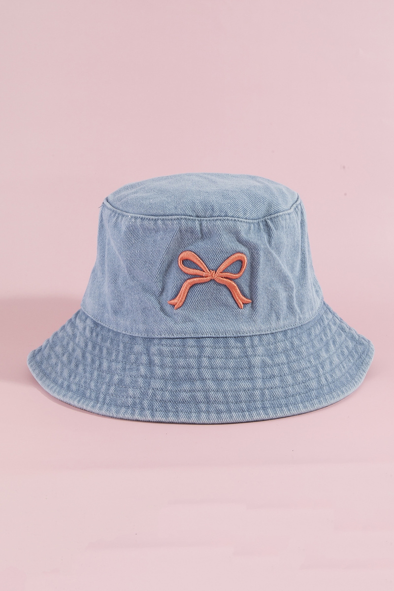 Denim Bucket Hat With Embroidered Bow