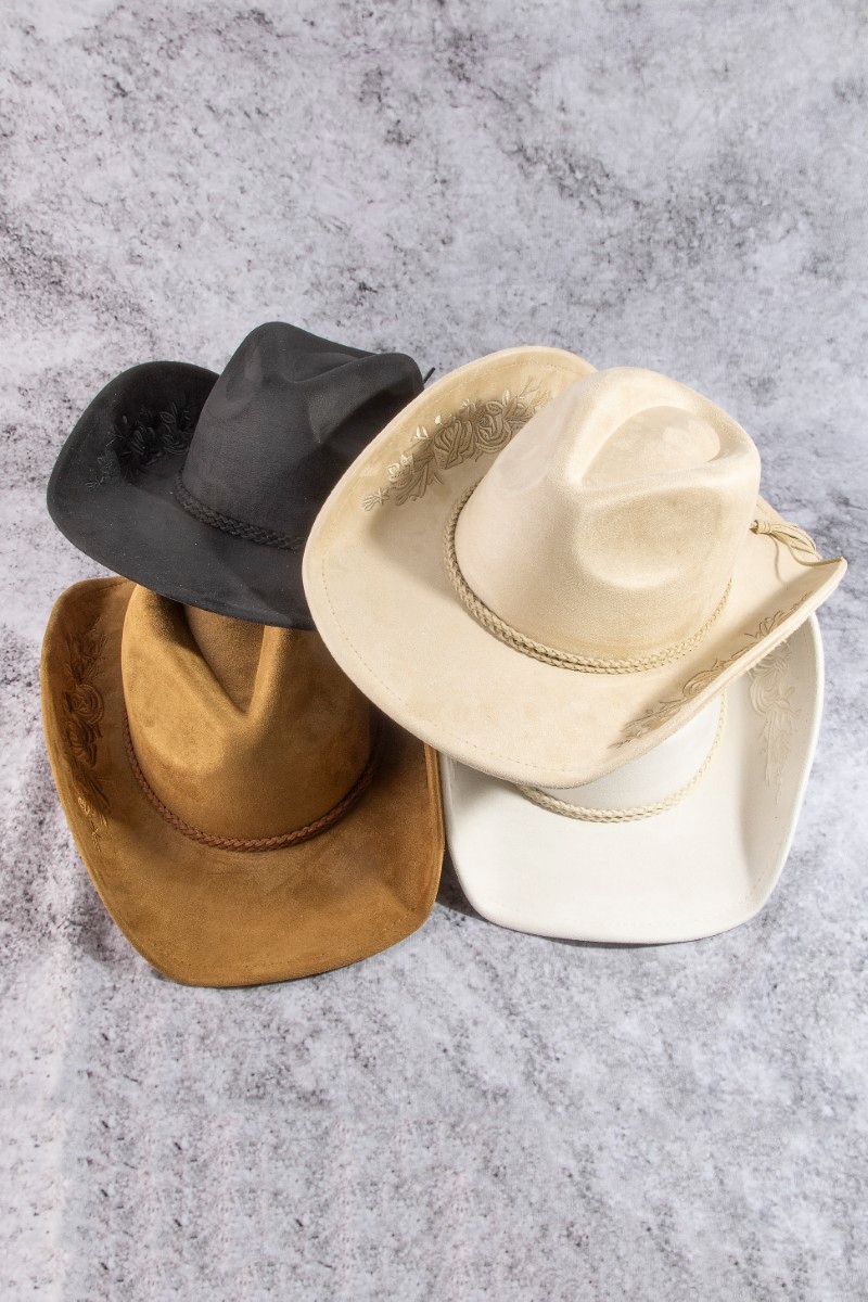 Rose Embroidered Braided Band Fedora Cowboy Hat