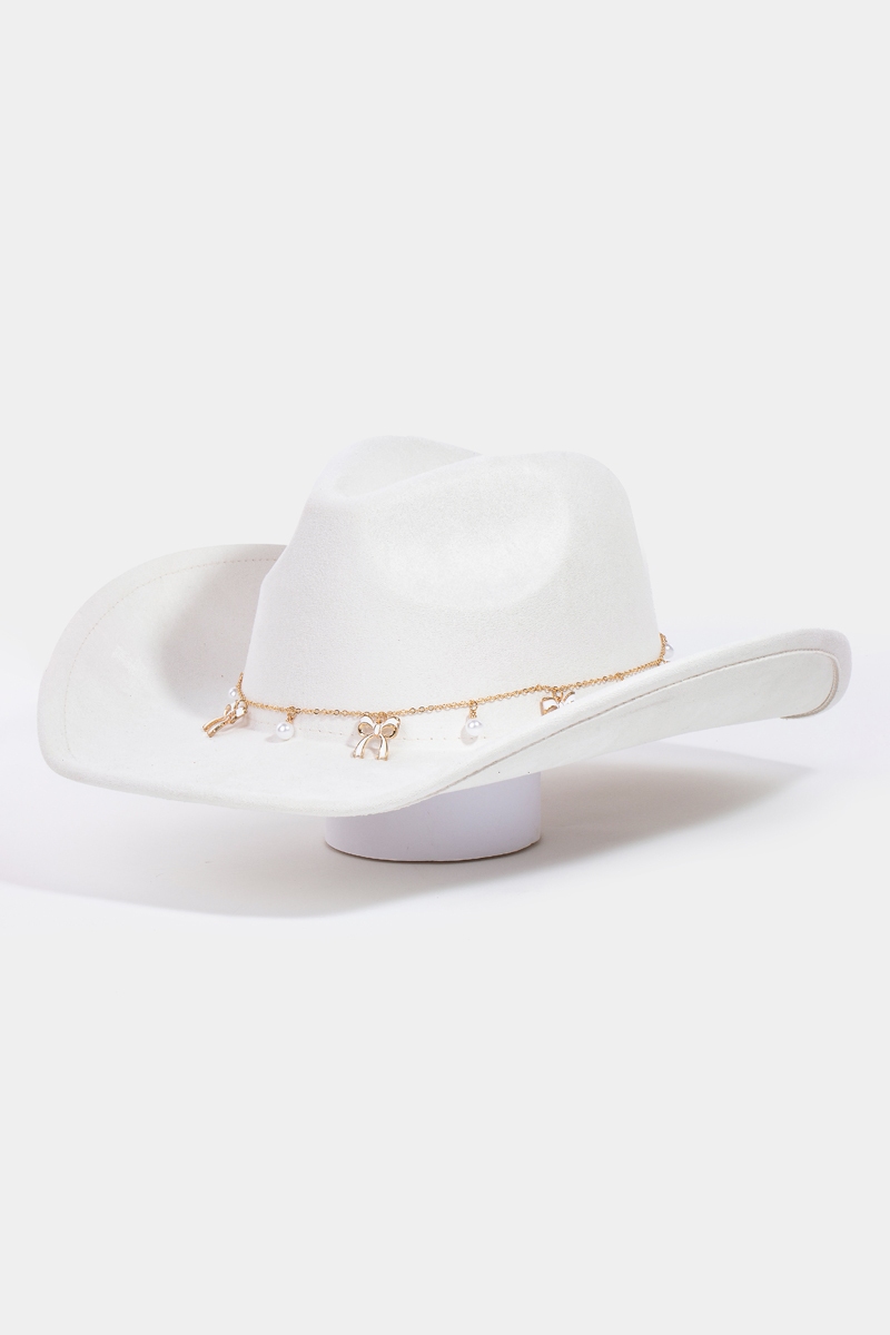 Ribbon Bow Pearl Chain Cowboy Hat