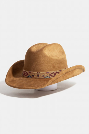 Western Boho Embroidered Strap Suede Cowboy Hat