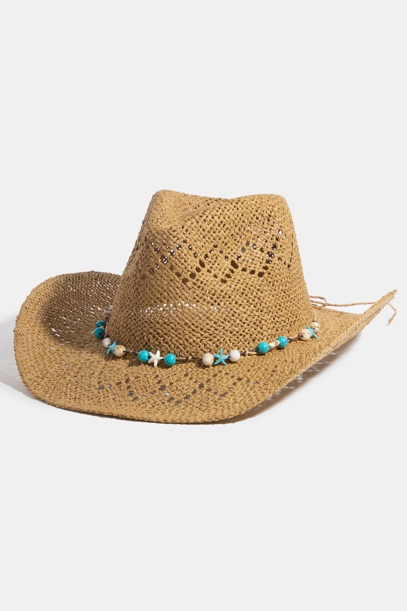 Turquoise And Shell Star Beads Strap Western Straw Hat