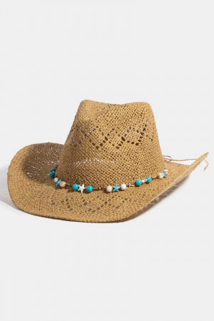 Turquoise And Shell Star Beads Strap Western Straw Hat
