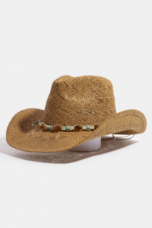 Mixed Beaded And Rope Western Fedora Straw Hat