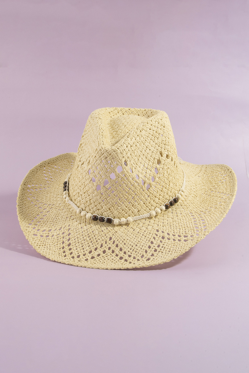 Paper Straw Cowboy Hat With Wood Bead Band