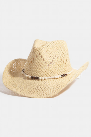 Mixed Beaded Strap Western Fedora Straw Hat