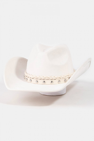 Braided And Studded Strap Suede Cowboy Hat