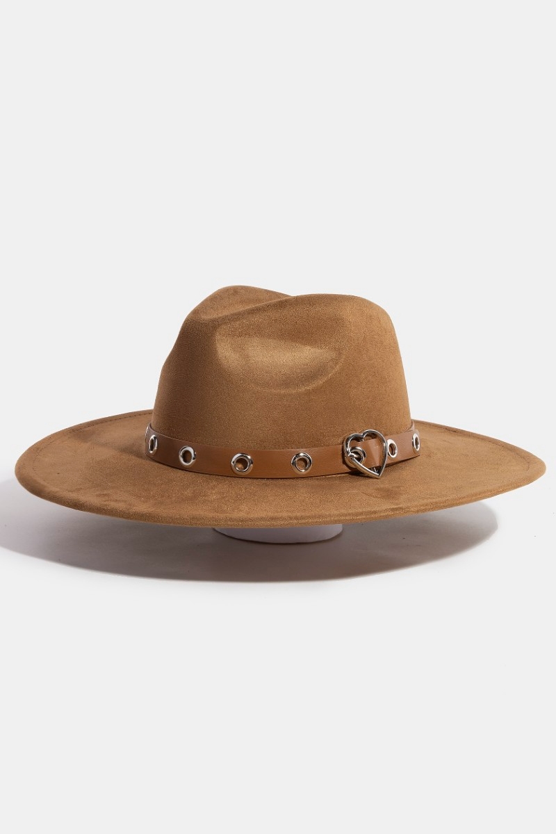 Heart Buckle Grommet Strap Faux Suede Fedora Hat