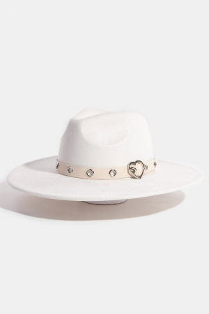 Heart Buckle Grommet Strap Suede Fedora Hat