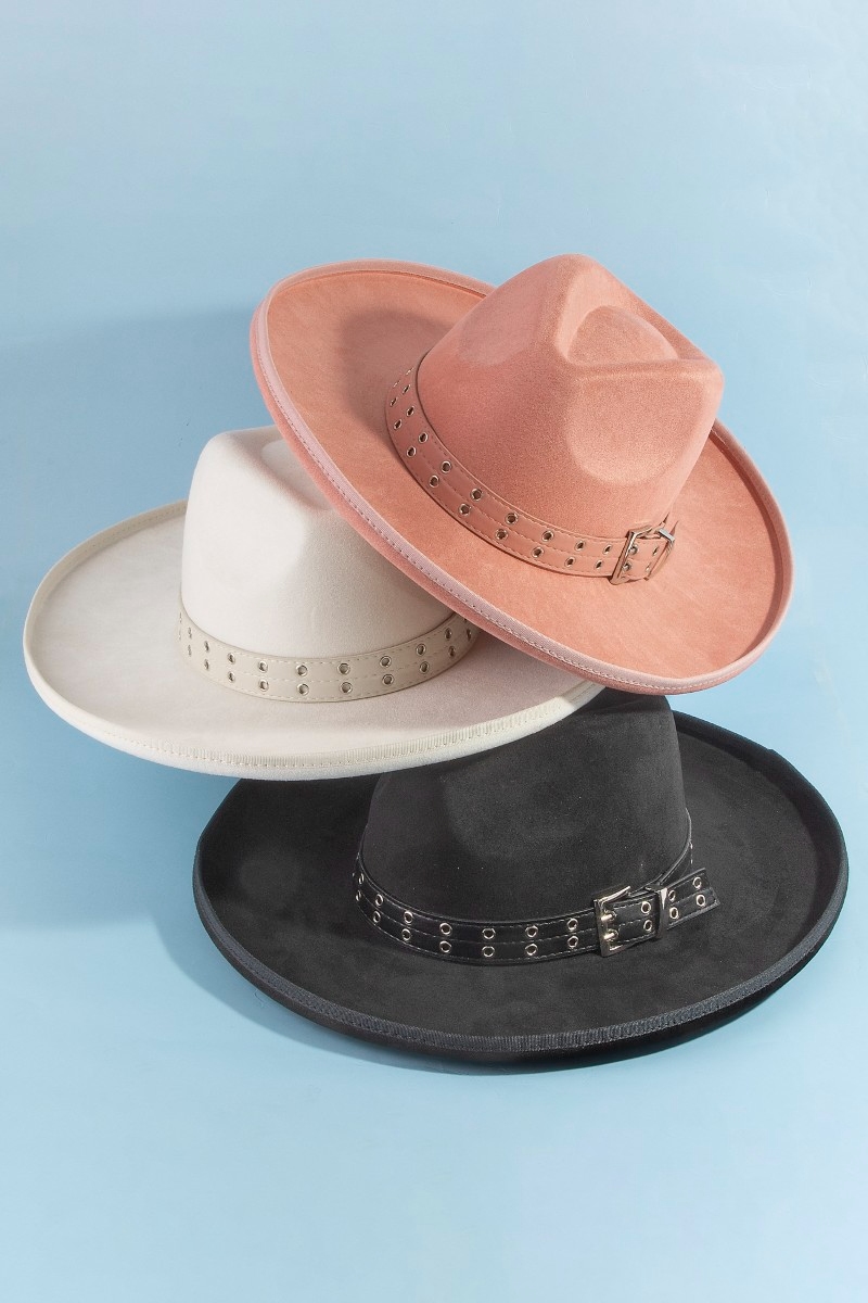 Grommet Belt Faux Suede Fedora Hat